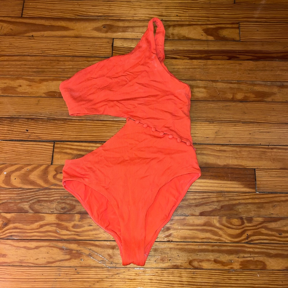 Orange swimsuit one shoulder monokini cutout buttons textured barely worn M